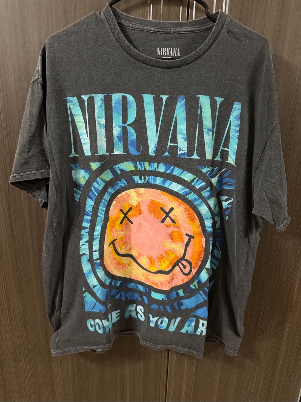 NIRVANA Black Tee with Blue Logo and Orange-Pink Smiley
